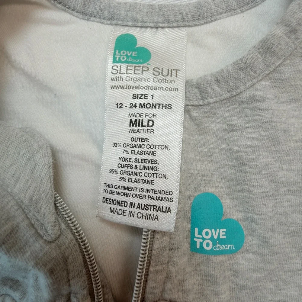 Love To Dream Sleep Suit Kids 12-24M Grey Excellent Bird Print Organic Cotton